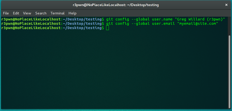 git config --global user.name [name] && git config --global user.email [email]